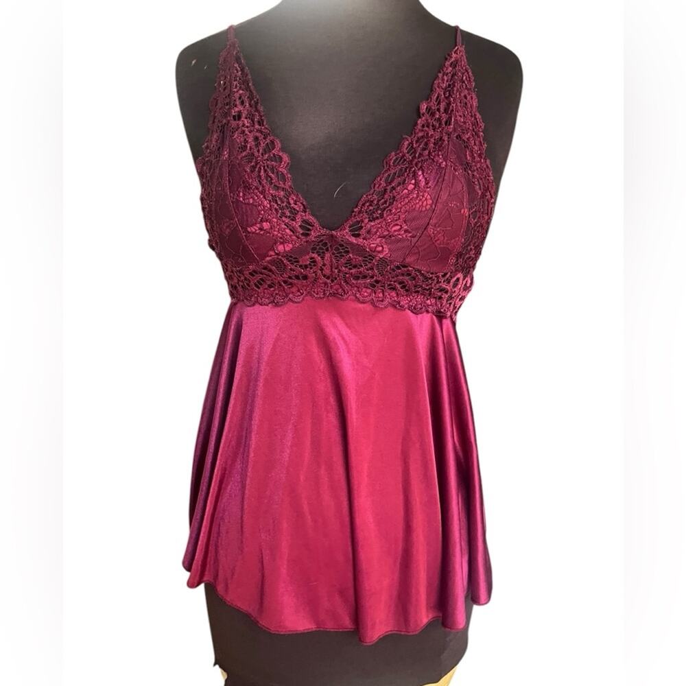 Vtg 90s Burgundy Lace Trim Sheer Detailing Babydoll Empire Feminine Cami Top S